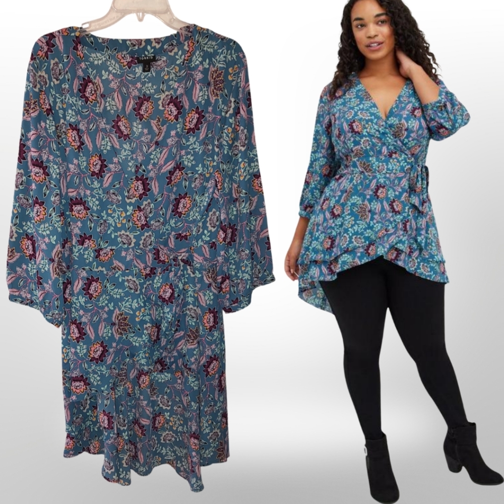 Torrid Georgette Wrap Tunic Floral Blouse, Size 3, Blue Purple Multi Col…